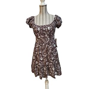 FADEDROSE Woman Floral Brown White Smocked Back Off/On Should Mini Dress SizeL